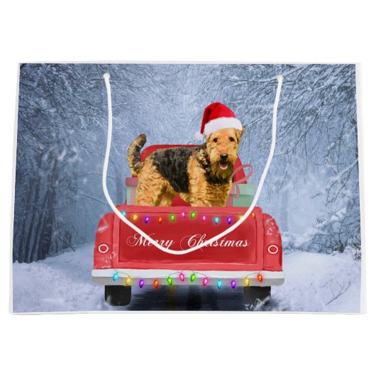Airedale Terrier Dog in Snow sitzt zu Weihnachten Große Geschenktüte (Vorderseite)