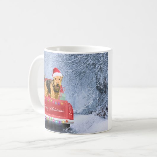 Airedale Terrier Dog in Snow sitzt zu Weihnachten Kaffeetasse (Vorderseite Links)