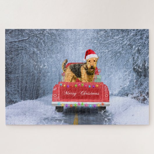 Airedale Terrier Dog in Snow sitzt zu Weihnachten Puzzle (Horizontal)