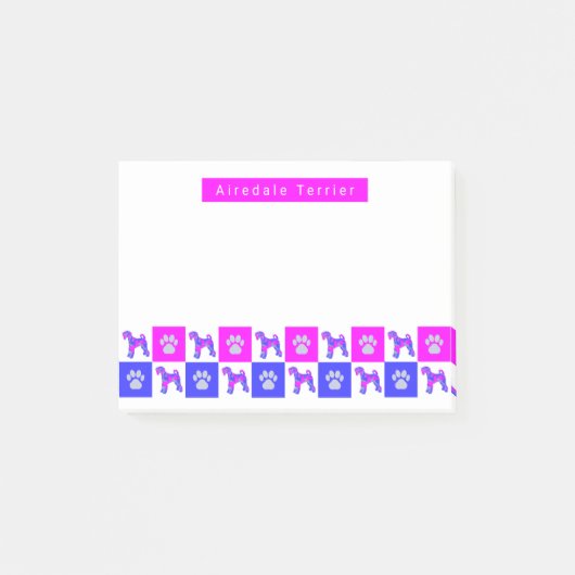 Airedale Terrier Dog & Paw Hot Pink & Blue Post-it Klebezettel (Vorderseite)