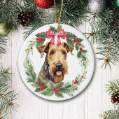 Airedale Terrier Dog Red Bow Holly Wreath Keramik Ornament