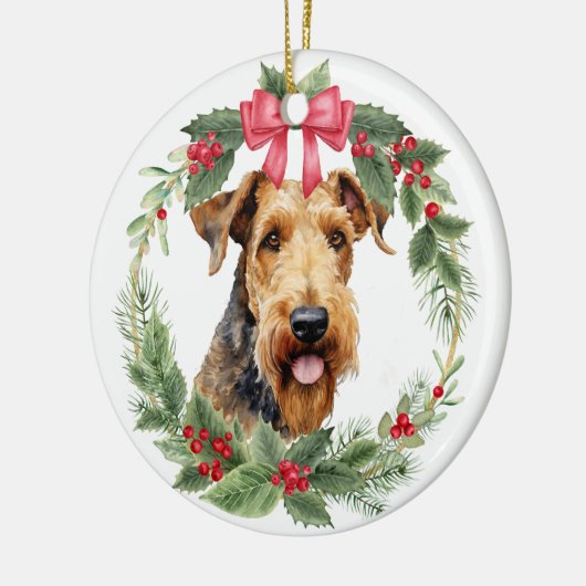 Airedale Terrier Dog Red Bow Holly Wreath Keramik Ornament (Links)