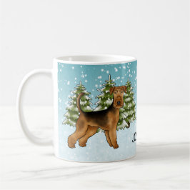 Airedale Terrier Dog Snowy Winterwald und Name Kaffeetasse