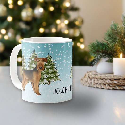 Airedale Terrier Dog Snowy Winterwald und Name Kaffeetasse