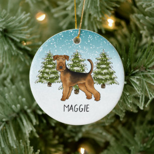 Airedale Terrier Dog Snowy Winterwald und Name Keramik Ornament