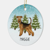 Airedale Terrier Dog Snowy Winterwald und Name Keramik Ornament (Links)
