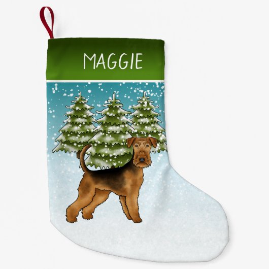 Airedale Terrier Dog Snowy Winterwald und Name Kleiner Weihnachtsstrumpf (Vorderseite)