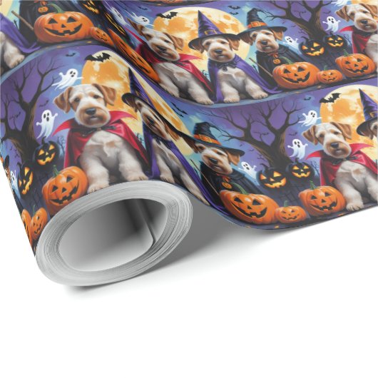 Airedale Terrier Dogs Pumpkin Halloween Funny Geschenkpapier (Rolleneckpunkt)