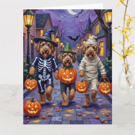 Airedale Terrier Dogs Trick-or-Treating Halloween Karte (Gelbe Blume)
