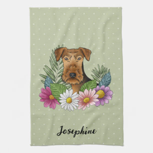 Airedale Terrier farbenfrohe Blume und Name Green Geschirrtuch