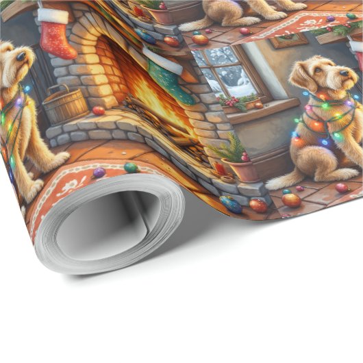 Airedale Terrier Fireplace Christmas Lights Geschenkpapier (Rolleneckpunkt)