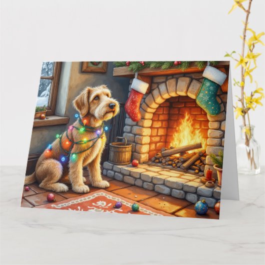 Airedale Terrier Fireplace Christmas Lights Karte (Gelbe Blume)