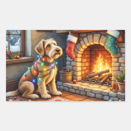 Airedale Terrier Fireplace Christmas Lights Rechteckiger Aufkleber (Vorderseite)