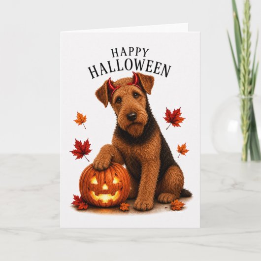 Airedale Terrier Halloween Teufelshund Karte (Vorderseite)