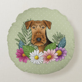 Airedale Terrier Head mit bunten Sommerferien Blum Rundes Kissen