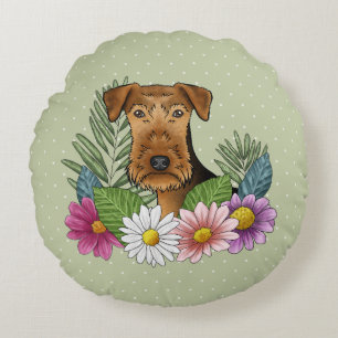 Airedale Terrier Head mit bunten Sommerferien Blum Rundes Kissen