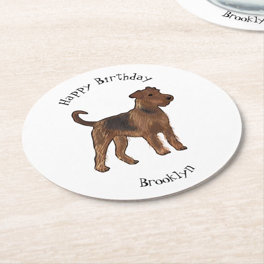 Airedale Terrier Hund Cartoon Illustration Runder Pappuntersetzer (Angewinkelt)