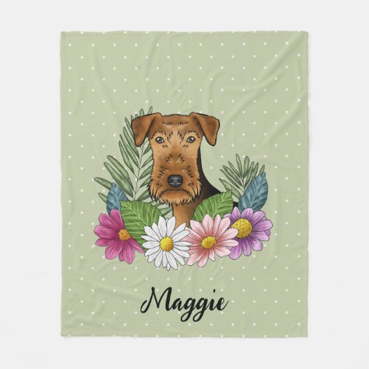 Airedale Terrier Hund farbenfrohe Blume und Name Fleecedecke (Vorderseite)