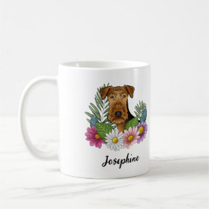 Airedale Terrier Hund farbenfrohe Blume und Name Kaffeetasse