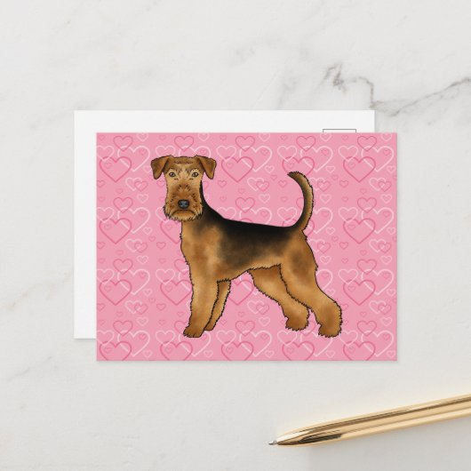 Airedale Terrier Hund Liebe mit rosa Herzmuster Postkarte (Vorderseite/Rückseite Beispiel)