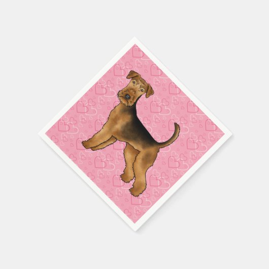 Airedale Terrier Hund Liebe mit rosa Herzmuster Serviette (Ecke)