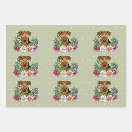 Airedale Terrier Hund mit bunten Blume grün Geschenkpapier Set (Vorderseite 3)