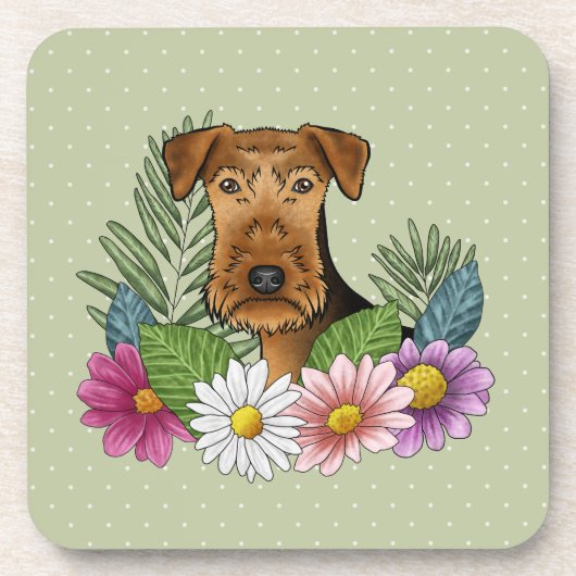 Airedale Terrier Hund mit bunten Blume grün Getränkeuntersetzer (Vorderseite)