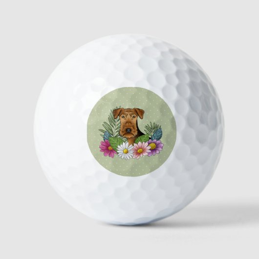 Airedale Terrier Hund mit bunten Blume grün Golfball (Vorderseite)