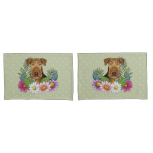 Airedale Terrier Hund mit bunten Blume grün Kissenbezug