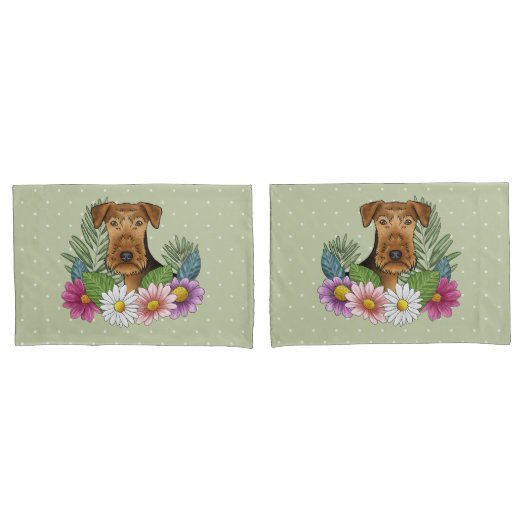 Airedale Terrier Hund mit bunten Blume grün Kissenbezug (Vorderseite-Set)