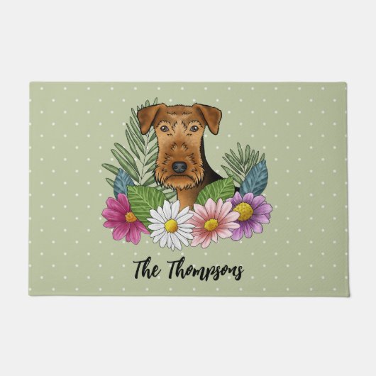 Airedale Terrier Hund und farbenfrohe Blume grün Fußmatte (Vorderseite)