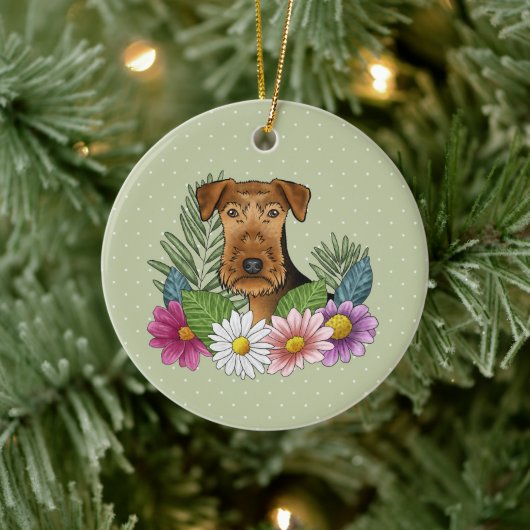 Airedale Terrier Hund und farbenfrohe Blume grün Keramik Ornament (Baum)