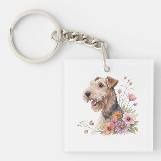 Airedale Terrier mit Blumen Schlüsselanhänger (Vorderseite)