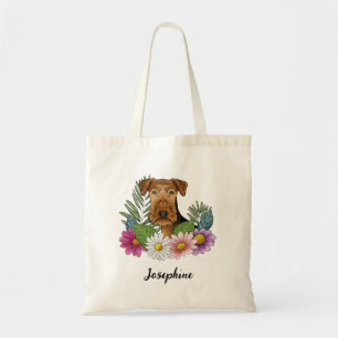 Airedale Terrier mit farbenfrohen Blumen und Namen Tragetasche