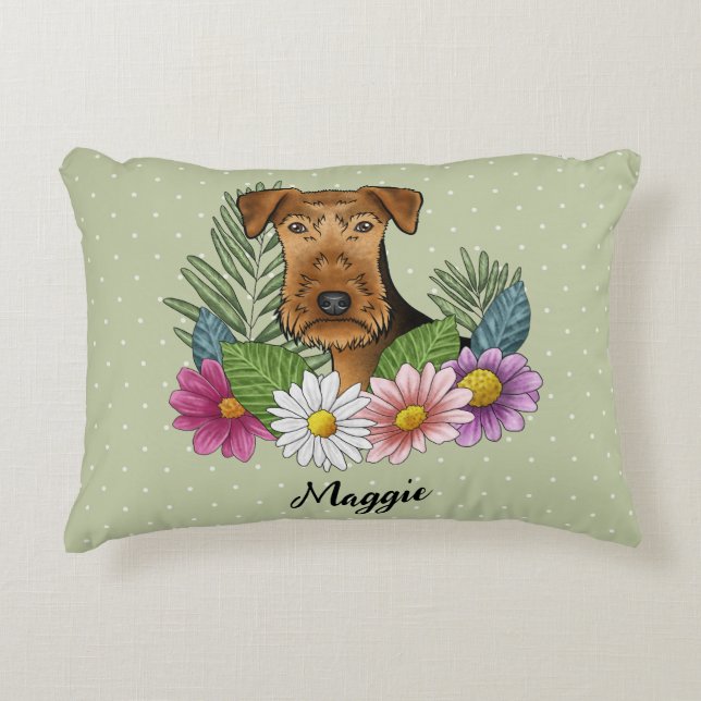 Airedale Terrier mit farbigen Blume und Namen Dekokissen (Vorderseite)
