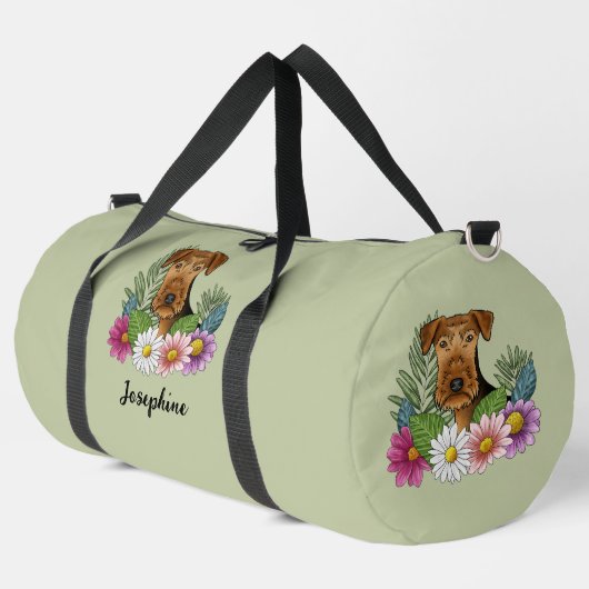 Airedale Terrier mit farbigen Blume und Namen Duffle Bag (Linke Ecke)