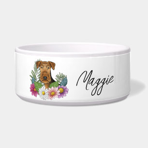 Airedale Terrier mit farbigen Blume und Namen Napf