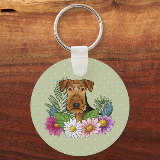 Airedale Terrier mit farbigen Blume und Namen Schlüsselanhänger (Vorderseite)
