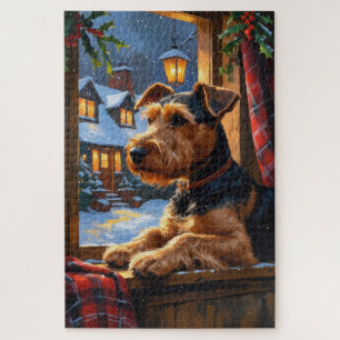 Airedale Terrier mit Weihnachtsbeleuchtung Feierta Puzzle