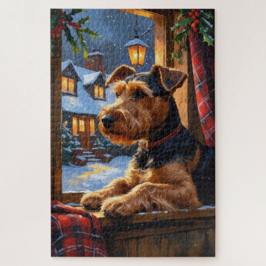 Airedale Terrier mit Weihnachtsbeleuchtung Feierta Puzzle (Vertikal)