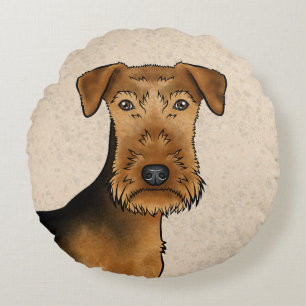 Airedale Terrier Niedlicher Cartoon Dog auf Beige Rundes Kissen