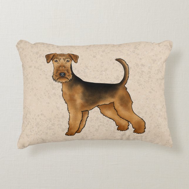 Airedale Terrier Niedlicher Cartoon Hund auf Beige Dekokissen (Vorderseite)