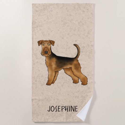 Airedale Terrier Niedlicher Cartoon Hund und Name  Strandtuch (Vorderseite)
