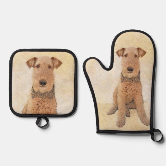 Airedale Terrier Painting Niedliche Original Dog A Ofenhandschuh & Topflappen-Set (Vorderseite)