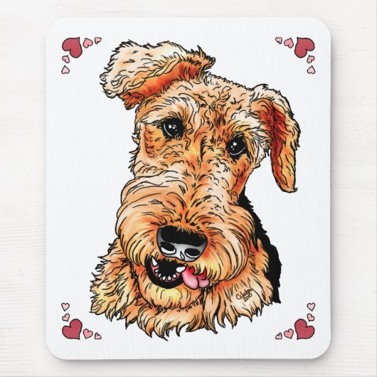 Airedale Terrier Pink Hearts Valentinstag Mousepad (Vorne)