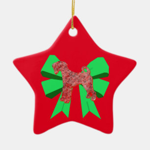 Airedale Terrier Red Dog & Green Bow Christmas Keramik Ornament