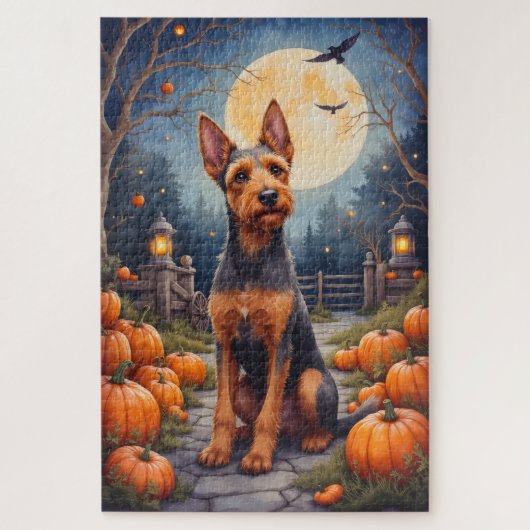 Airedale Terrier Rustikales Halloween-Kürbisbeet  Puzzle (Vertikal)