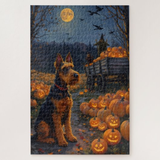 Airedale Terrier Rustikales Halloween-Kürbisfeld  Puzzle (Vertikal)
