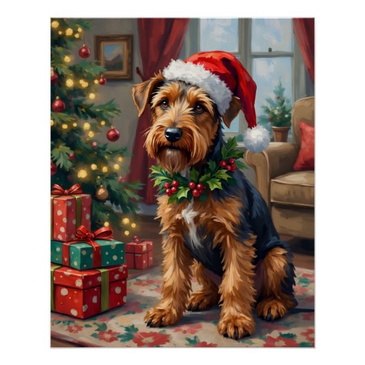 Airedale Terrier Santa Hat Christmas Fun Art Poster (Vorderseite)