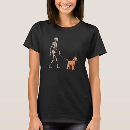 Airedale Terrier Skeleton Dog Walking Halloween Do T-Shirt (Vorderseite)